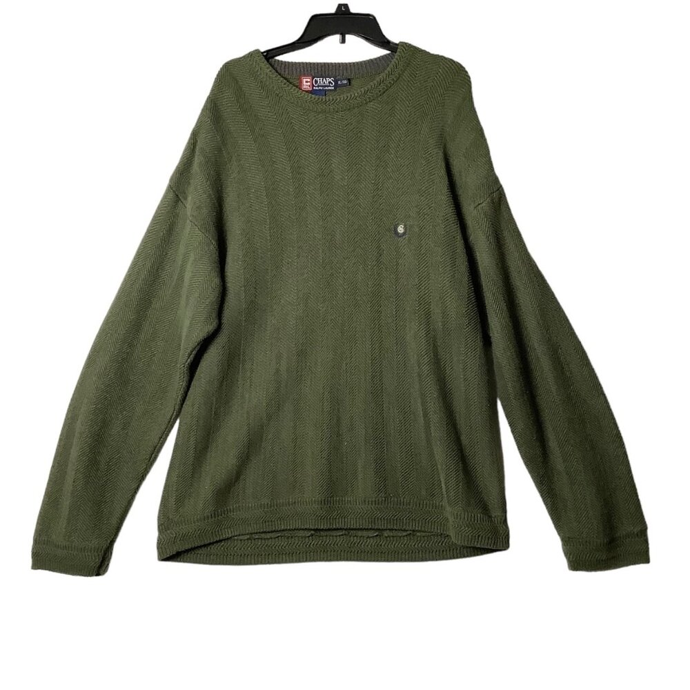 Chaps Ralph Lauren Olive Green Sweater Men Size XL 100% Cotton Knit Crew‎ Neck